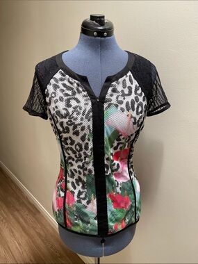 Alberto Makali Black Mesh Sleeve Floral & Leopard Zip Front Top